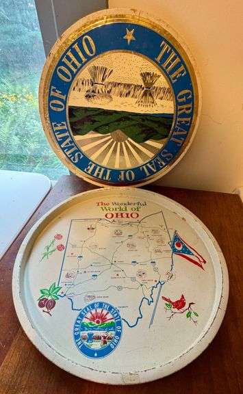 Two Ohio-Themed Metal Trays With State Seal and Map Design