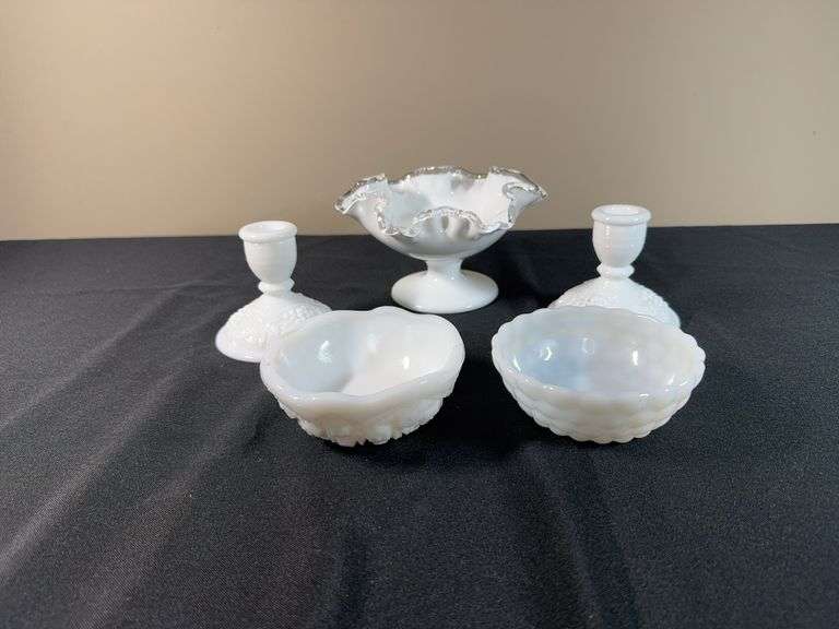 Milk Glass Bowls, Candlesticks & Compote
