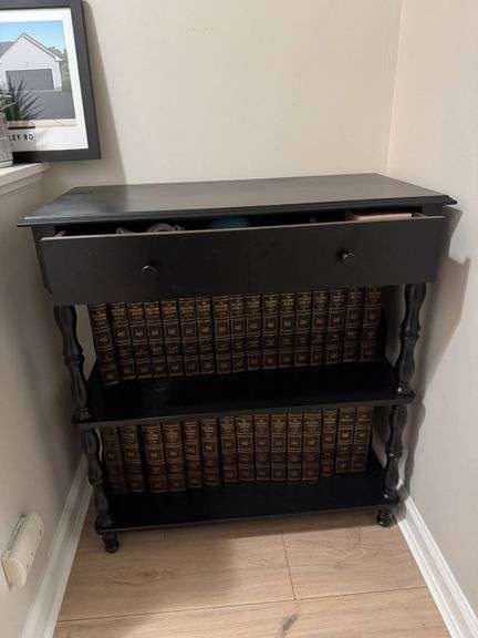 Black Wood End Table with Turned Legs and Faux Book Shelves