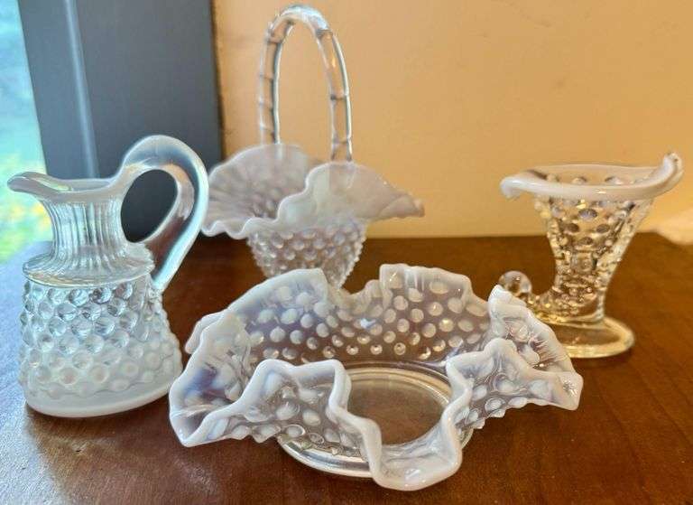 Fenton Four Clear and Opalescent Hobnail Glass Pieces Including Basket, Bowl, Ewer, and Cornucopia