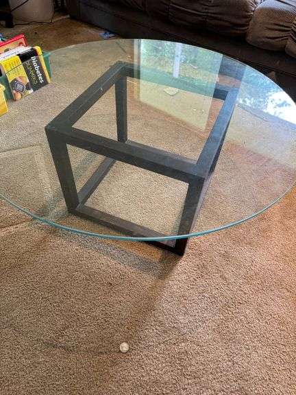 Glass-Top Round Coffee Table with Black Metal Cube Base