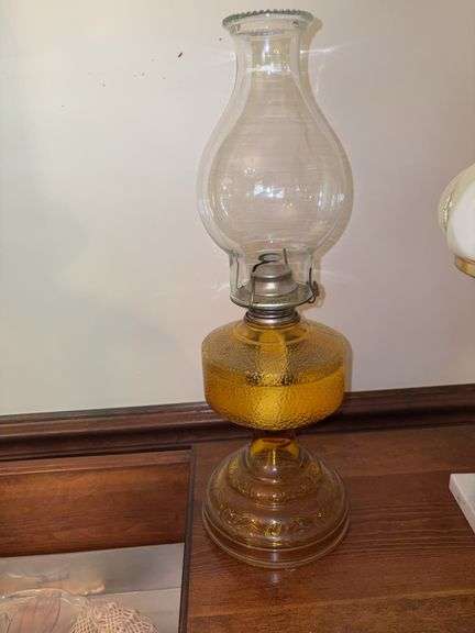 Vtg Amber Glass Oil Lamp