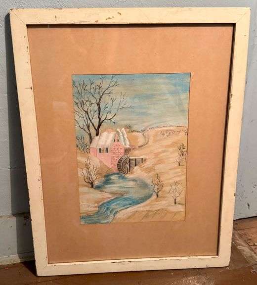 Framed Watercolor Landscape Featuring a Pink Mill and Stream