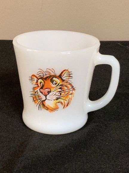 Fire-King Milk Glass Mug with Tiger Graphic