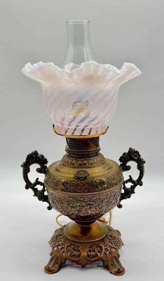 Beautiful Electrified Brass ‘The New Rochester’ Oil Lamp with Opalescent Swirl Glass Shade