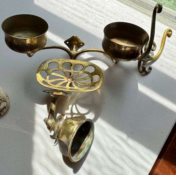 Antique Wall-Mounted Brass Soap Holder and Double Brass Hook