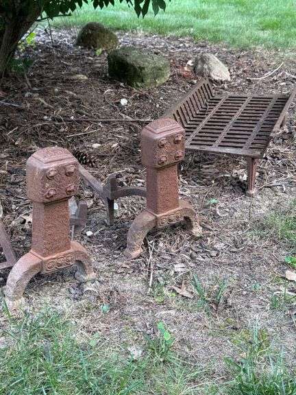 Antique Cast Iron Grate with Matching Andiron Set