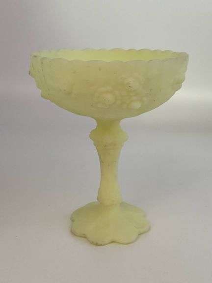 Fenton Cabbage Rose Uranium Glass Compote with Scalloped Edge and Embossed Floral Design