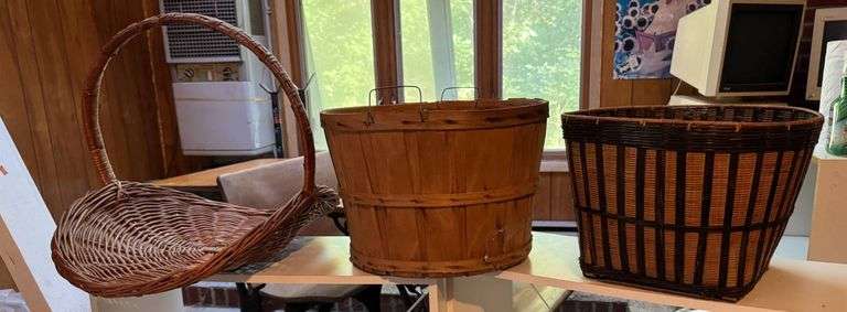 Three Assorted Handmade Baskets in Wood and Wicker