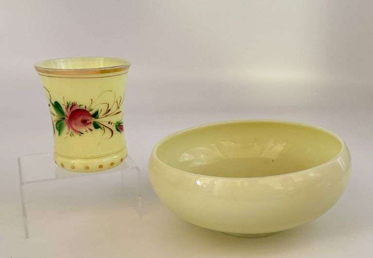 Cambridge and Heisey Vaseline Glass Bowl and Hand-Painted Tumbler with Rose Motif