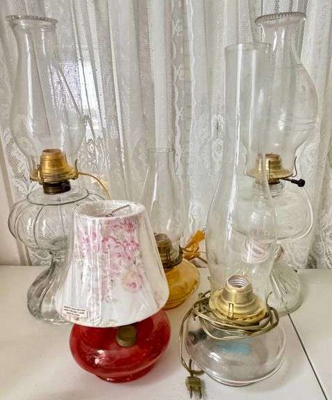 Five Electric and Oil Glass Hurricane Lamps