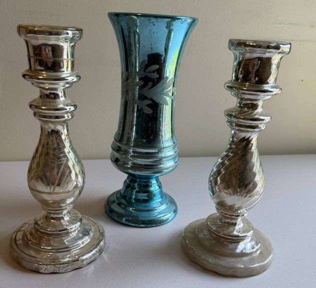 Antique Mercury Glass Vase and Pair of Silver-Tone Candle Holders