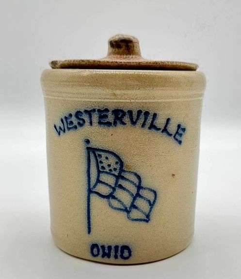 “Westerville”, Stoneware Crock with  Ohio Flag Design and Lid