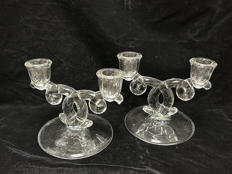 Pair of Clear Glass Double-Arm Candleholders – 6-1/2"W
