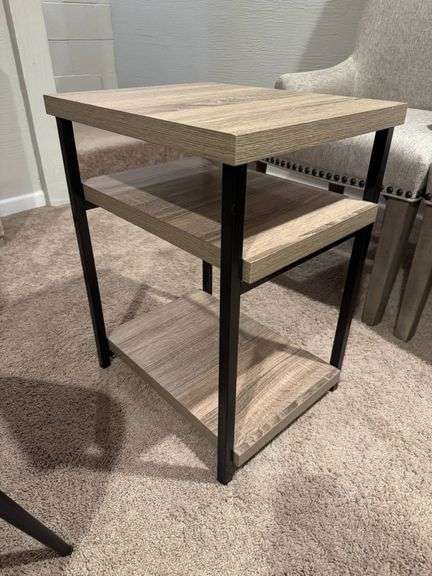 Three-Tier End Table with Wood Laminate Shelves and Black Metal Frame