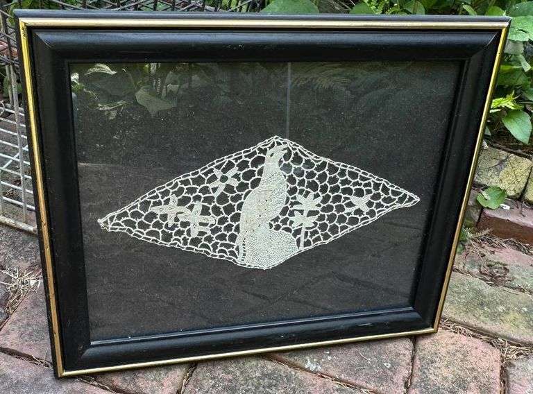 Vintage Framed Lacework Panel with Bird Motif