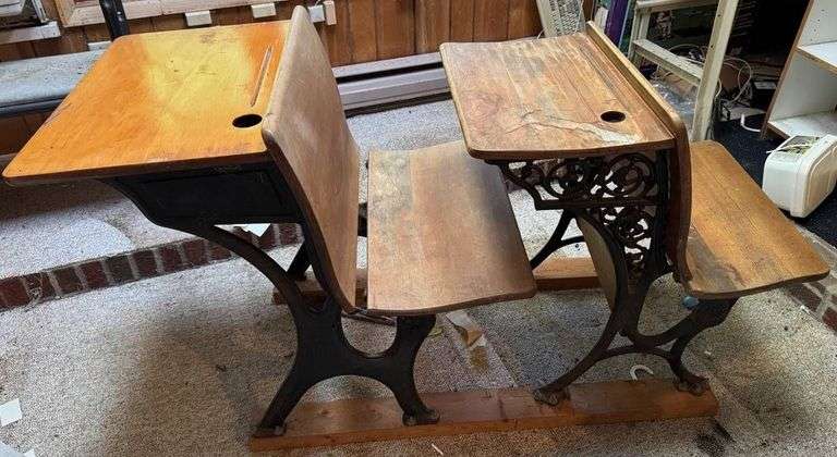 Vintage Wood and Cast Iron Double School Desk with Ink Wells