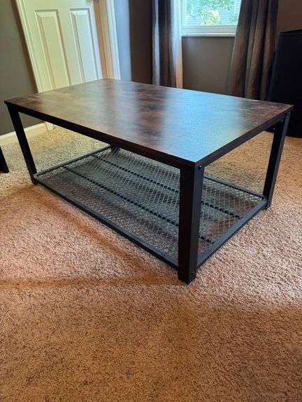 Industrial-Style Coffee Table With Wood Top and Metal Mesh Shelf