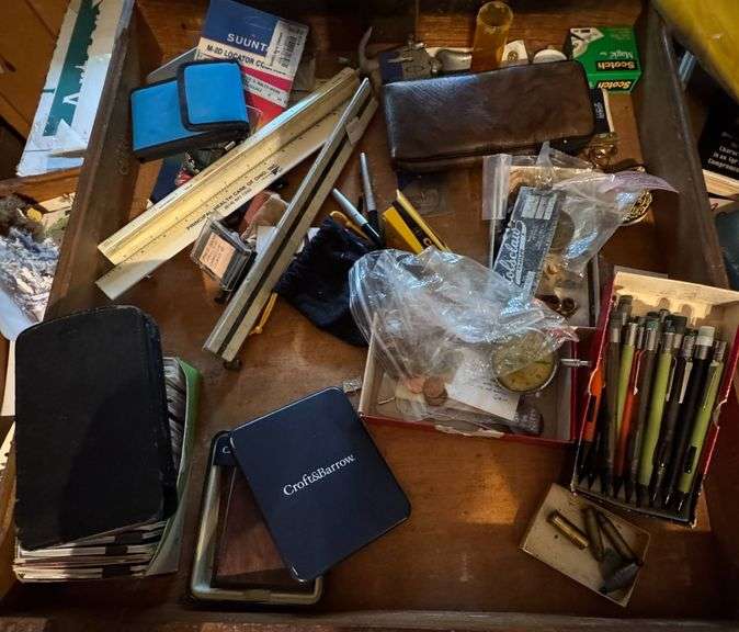 Drawer Contents Including NEW Croft & Barrow Wallet, Mechanical Pencils, Coins, and Accessories