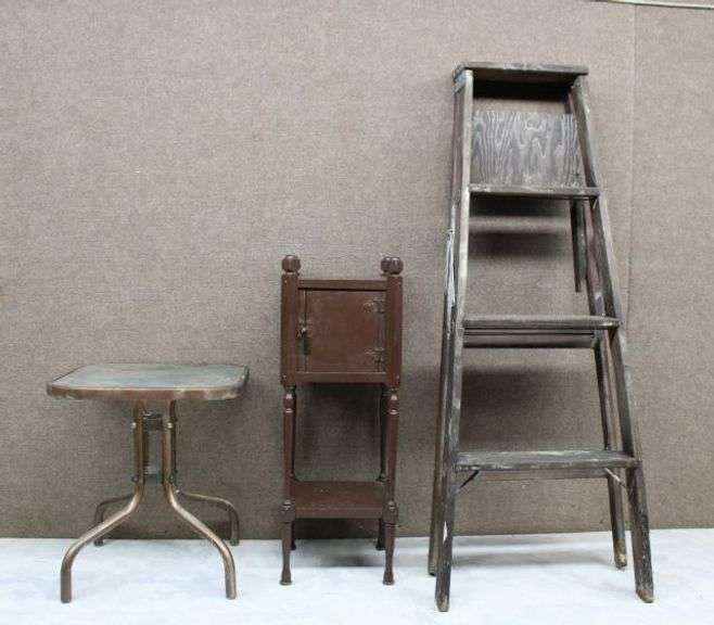 Metal Table, Wood Side Cabinet, and Wooden Ladder Trio