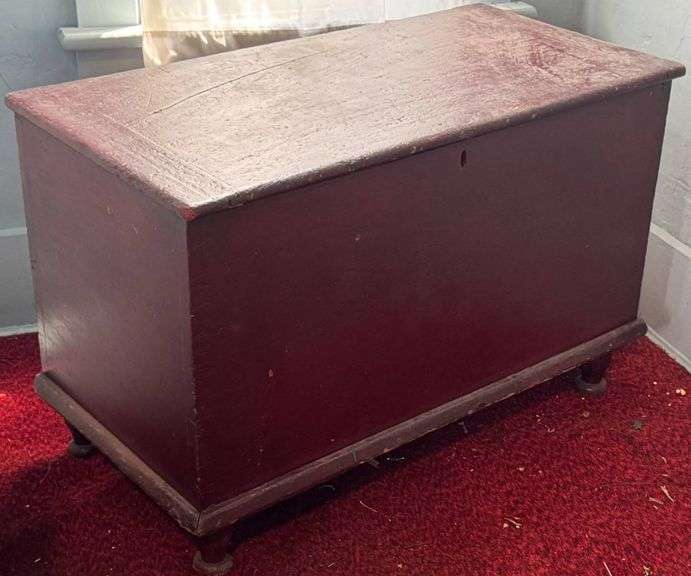 Wooden Storage Chest with Hinged Lid and Red Finish
