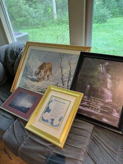 Framed Wall Art Including Tiger Print, Calligraphy, and Scenic Imagery