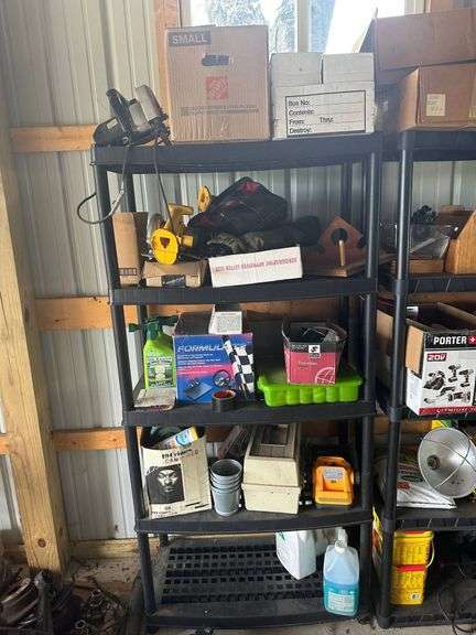 Plastic Shelving Unit with Tools, Electronics, and Various Household Items