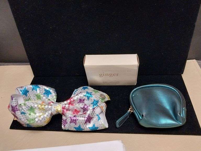 Sequin Hair Bow, Blue Coin Purse, and Ginger Rejuvenating Body Bar
