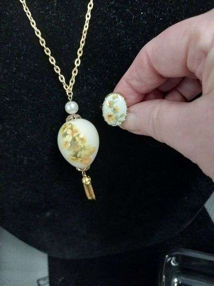 Vintage Porcelain Necklace and Matching Ring Set with Floral Design