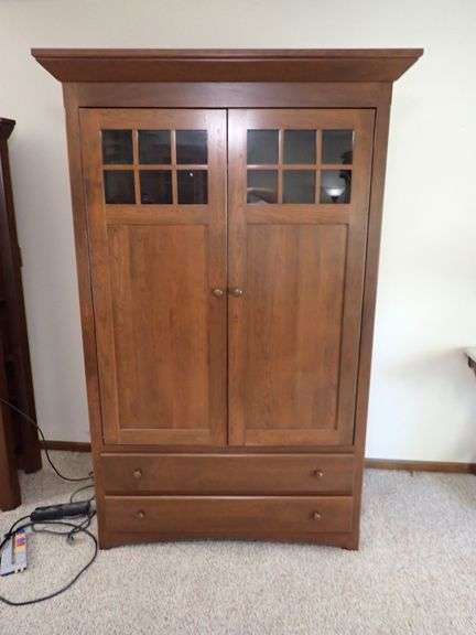 Wooden Armoire Glass Paneled Doors and Two Media Drawers