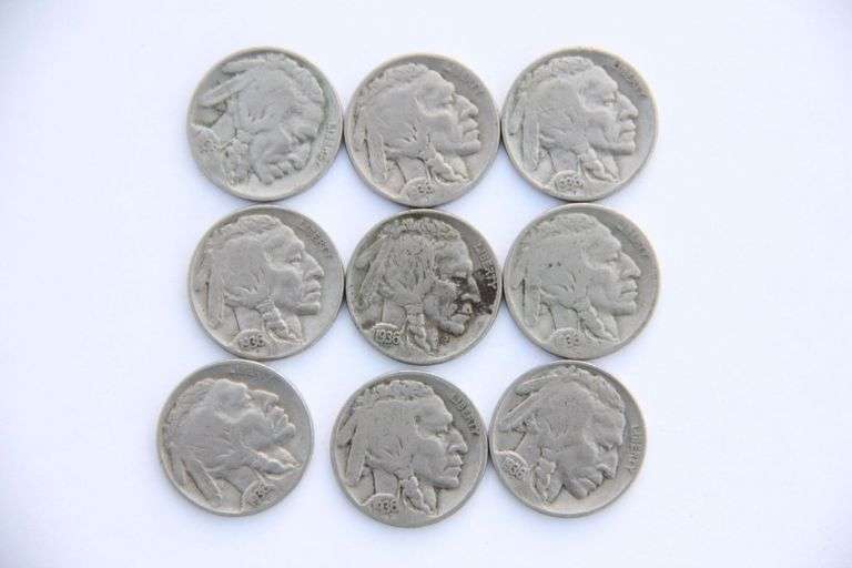 Lot of nine 1936 Buffalo nickels