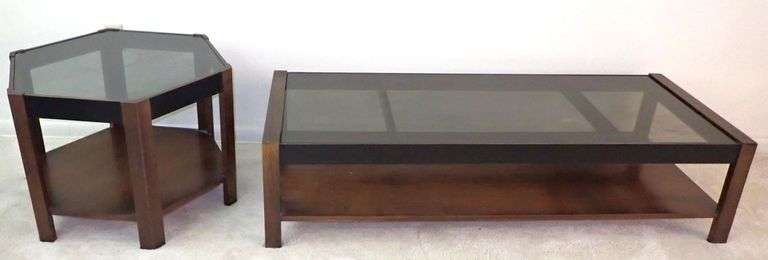 Mid-Century Smoked Glass Coffee and Side Table Set
