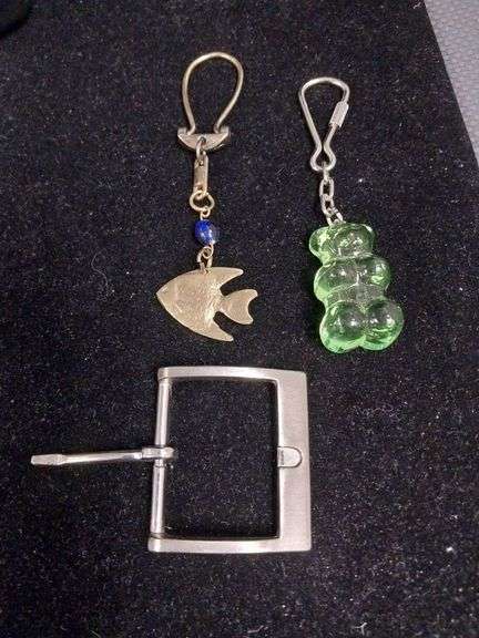 Metal Belt Buckle and Two Keychains, Fish and Green Bear