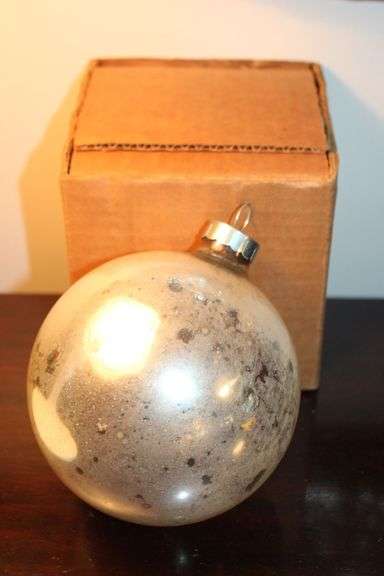 Round Silver Glass Ornament with Box, Approx. 5 Inches