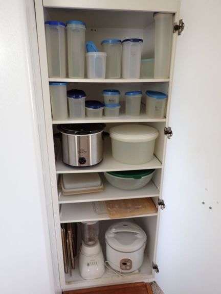 Kitchen Equipment Including Tupperware, Crock-Pot, and Blender