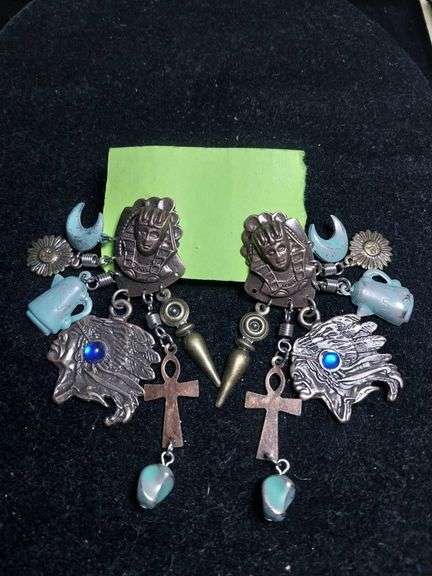 Vintage Mixed Charm Earrings With Egyptian and Native Symbols