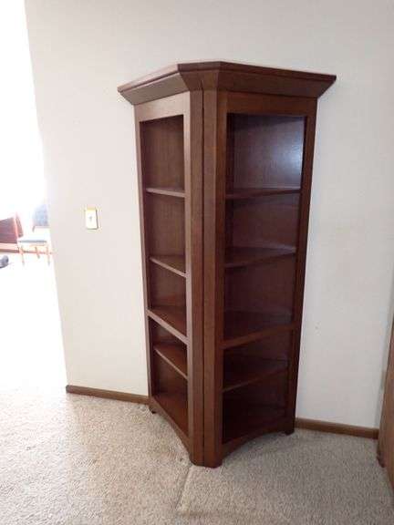 Two Wooden Corner Shelf Units with Five Tiers