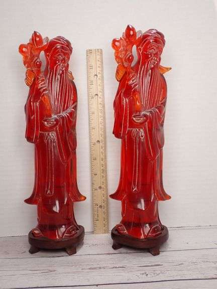 Antique Chinese Carved Cherry Amber Immortal Deities Standing Figures with Wooden Stands