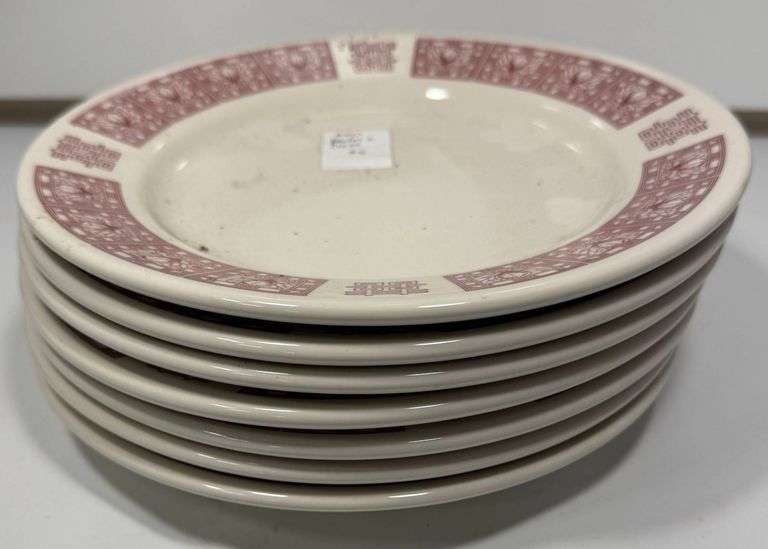 6 Buffalo China Restaurant Ware Plates with Red Asian-Inspired Border Design