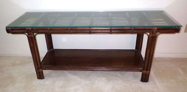 Glass-Top Bamboo Console Table with Shelf