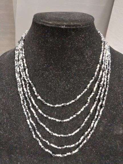 Multistrand Beaded Necklace With Black, Clear, and Silver Beads