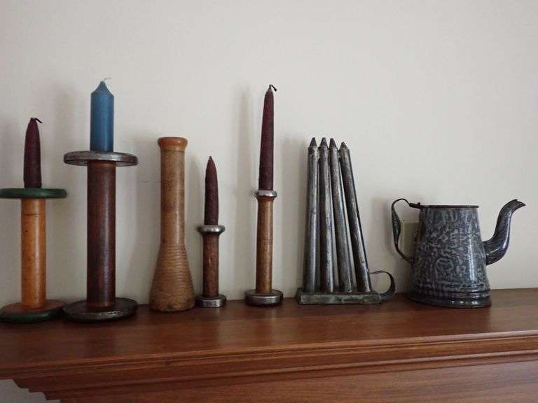 Primitive Wooden Spools, Metal Candle Mold, and Gray Enamelware Pitcher