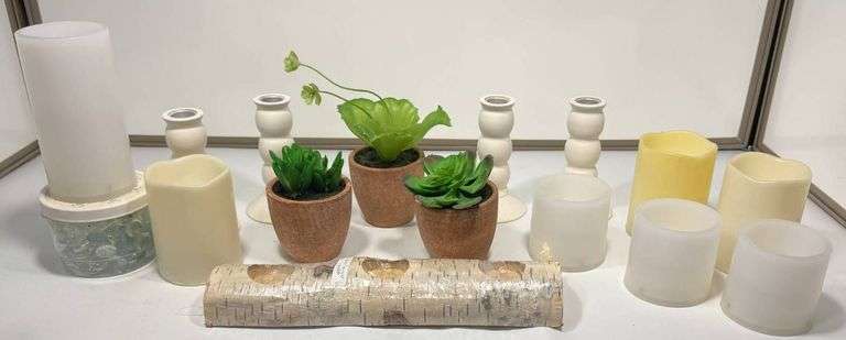 Decorative Items Including Faux Succulents, Candles, and Holders