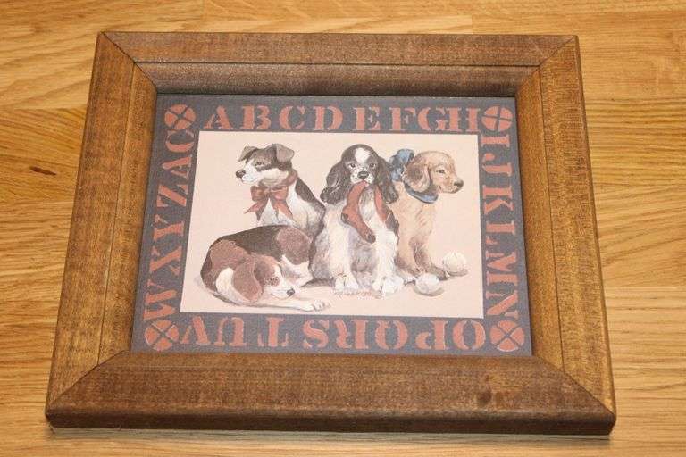 Framed Puppy Print by M. Gable 1983 with Alphabet Border
