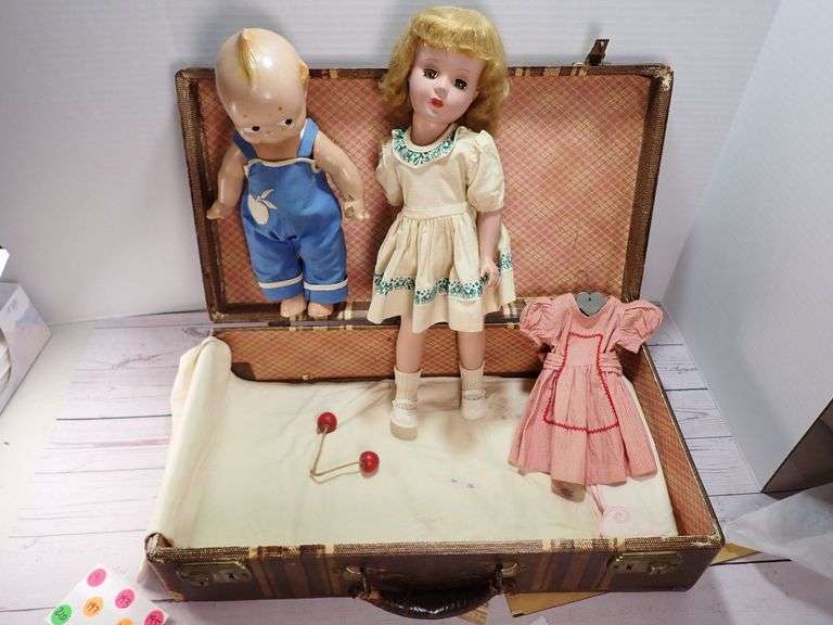 Vintage Dolls in Woven Suitcase with Accessories