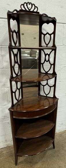 Wood Corner Shelf with Mirror Back and Decorative Cutouts
