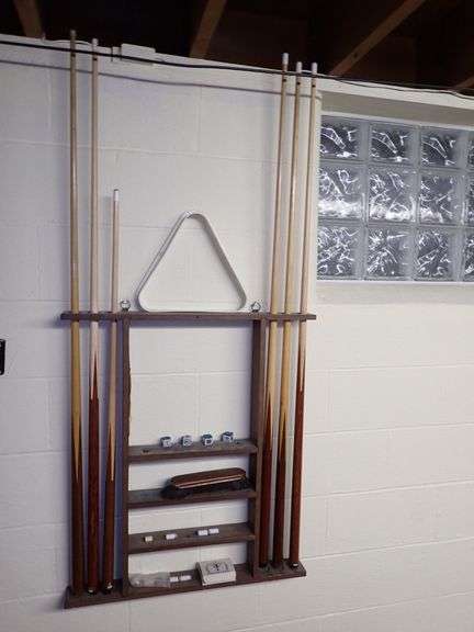 Wall-Mounted Pool Cue Rack With Accessories