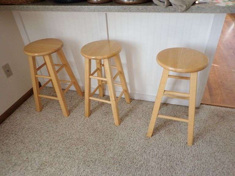Three 24-Inch Natural Finished Wooden Stools