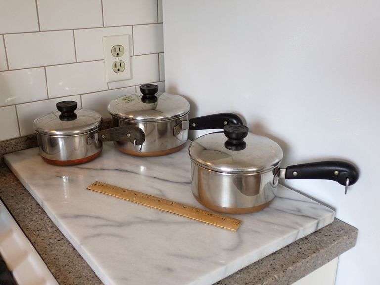 Three Revereware Copper-Bottom Stainless Steel Saucepans with Lids