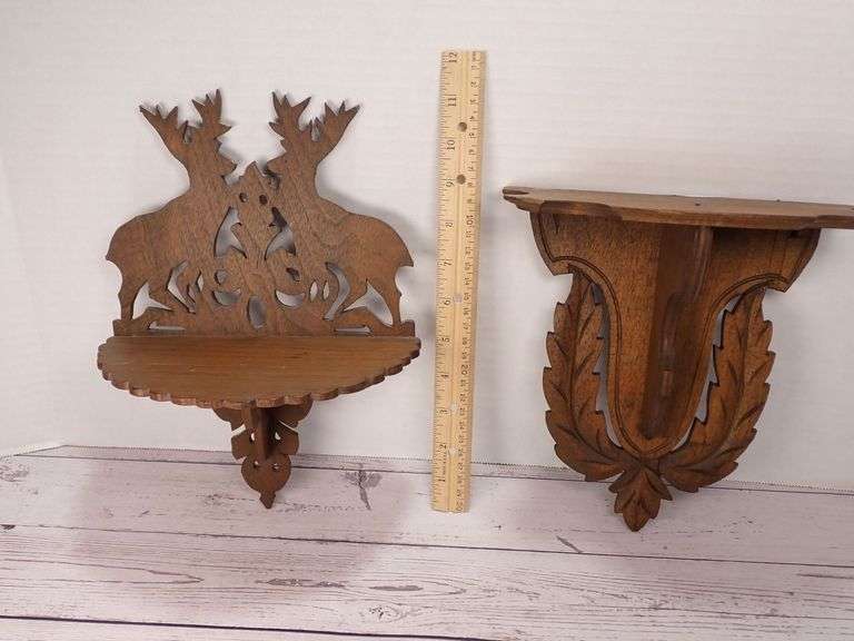 Carved Wood Wall Shelves Featuring Stag and Laurel Motifs